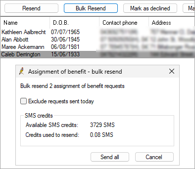 Resend an assignment of benefit request form sent via SMS in bulk.
