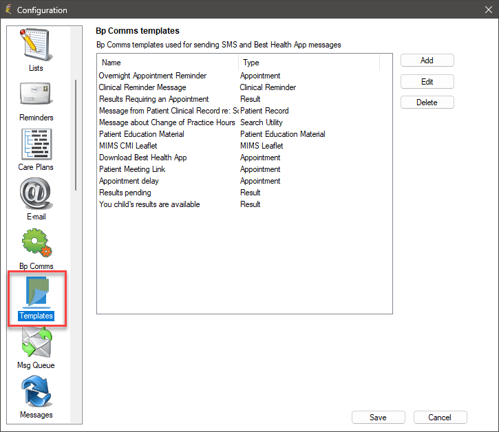 Bp Comms template configuration