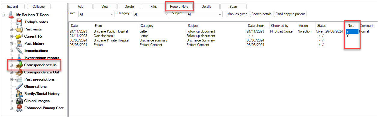 Note in patient record