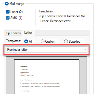 Select clinical reminder letter template