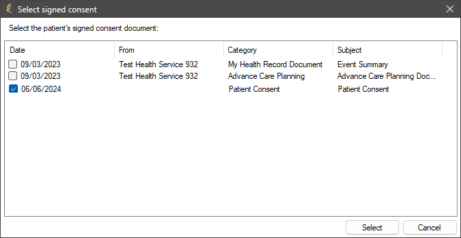 Select Signed Consent screen