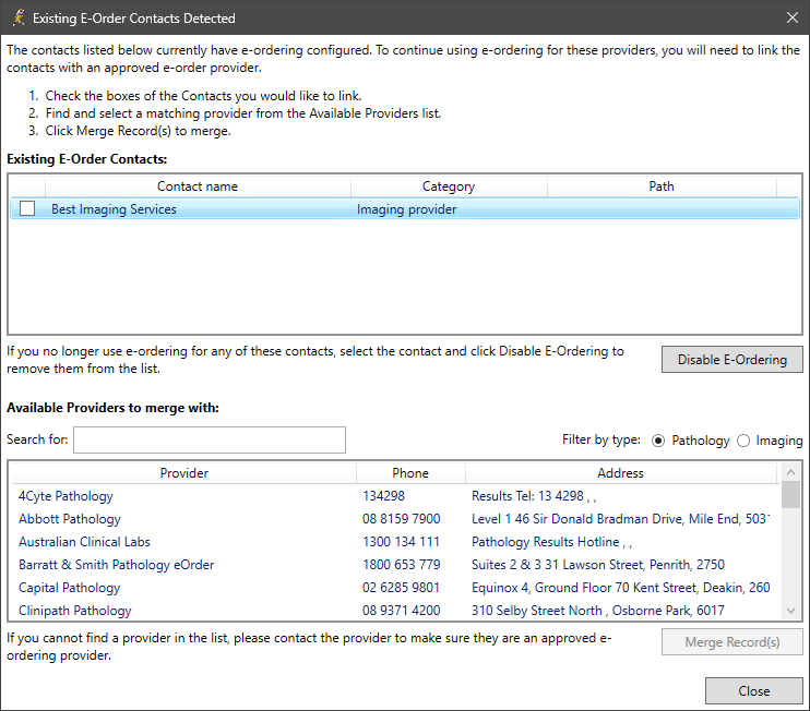The Existing eOrder Contacts Detected screen.