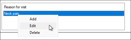 Reason for Visit context menu