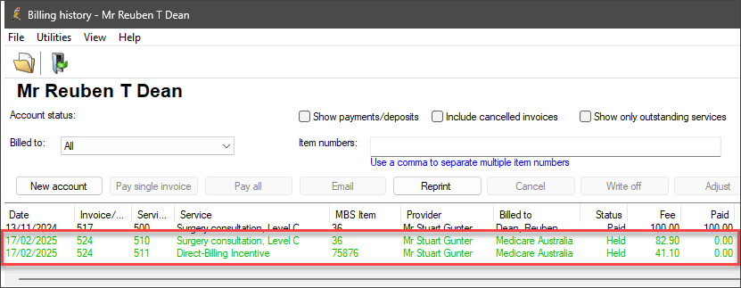 Patient Billing History displaying Held Accounts