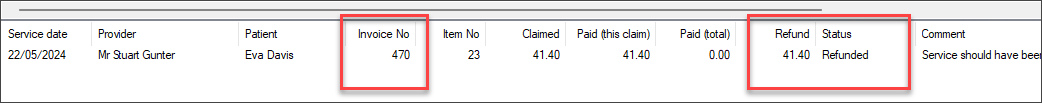 Refund and Invoice Number columns