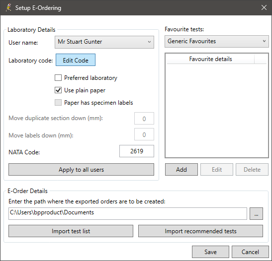 The pathology e-ordering setup screen.