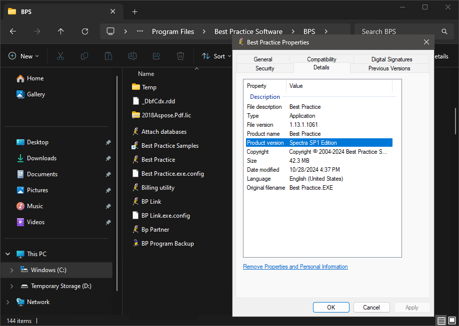 Version in Properties screen